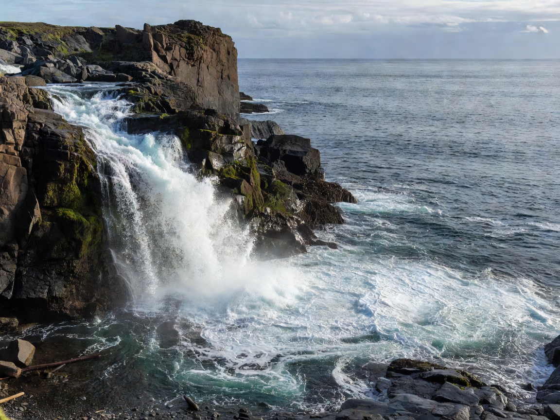 Freshwater stream emerging from cliff directly entering the ocean