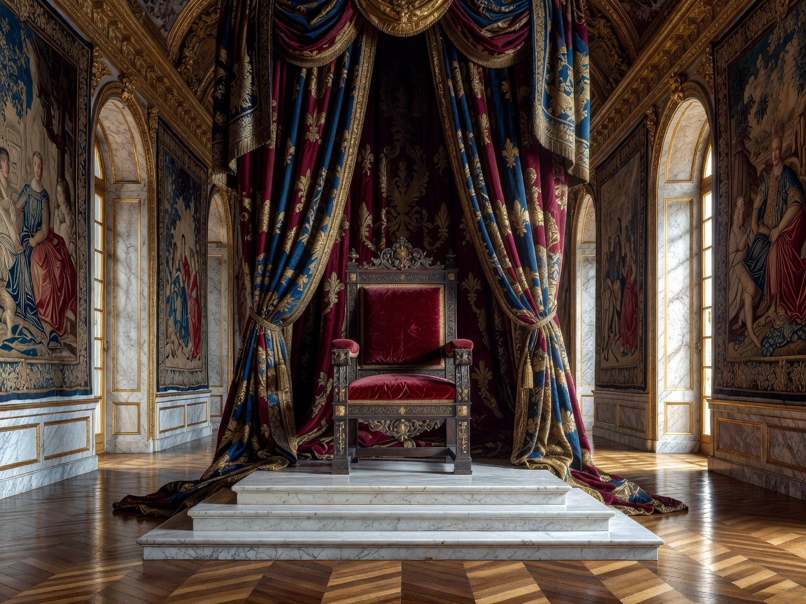 Historic French palace throne room with royal drapery