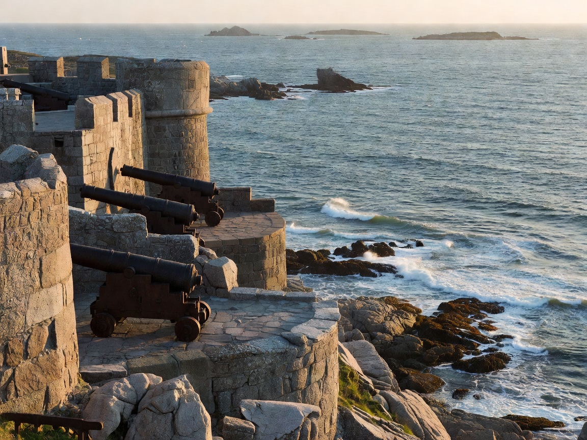 Historic naval fortress and cannons facing coastal bay