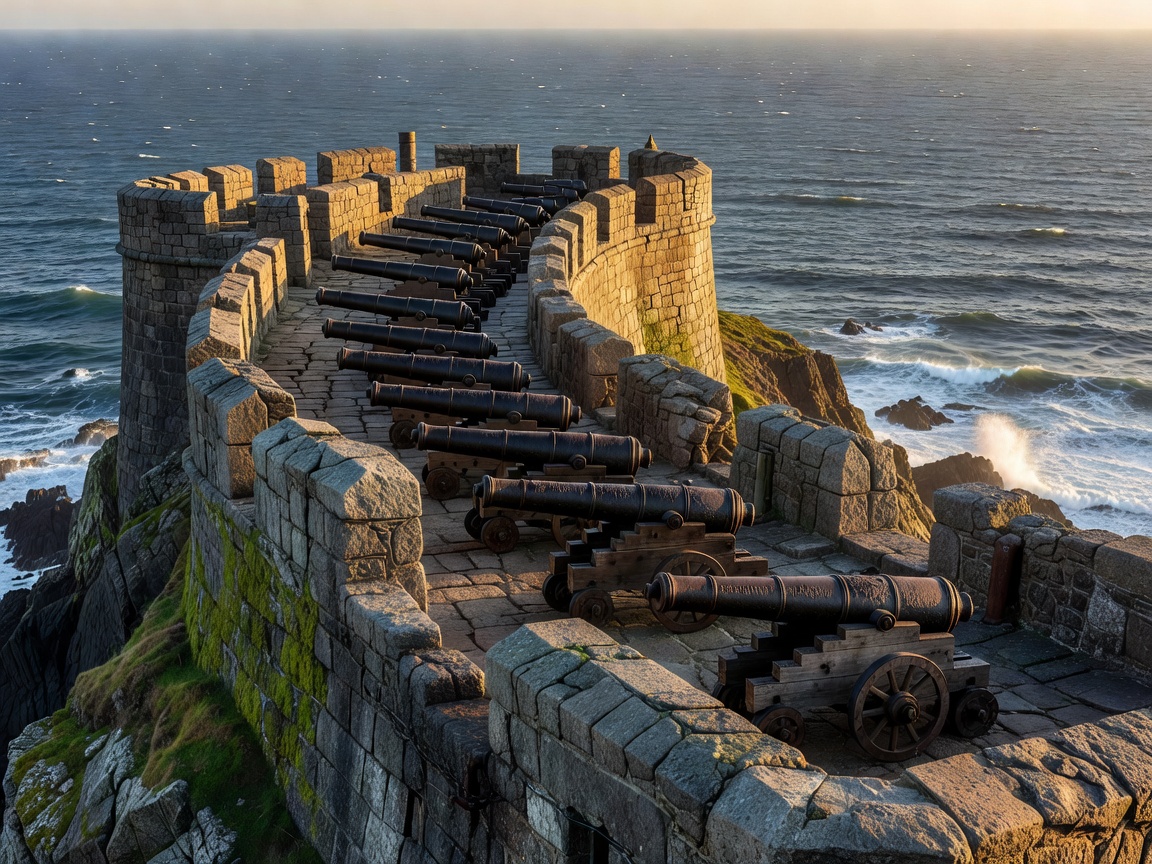 Historic naval fortress and cannons facing ocean