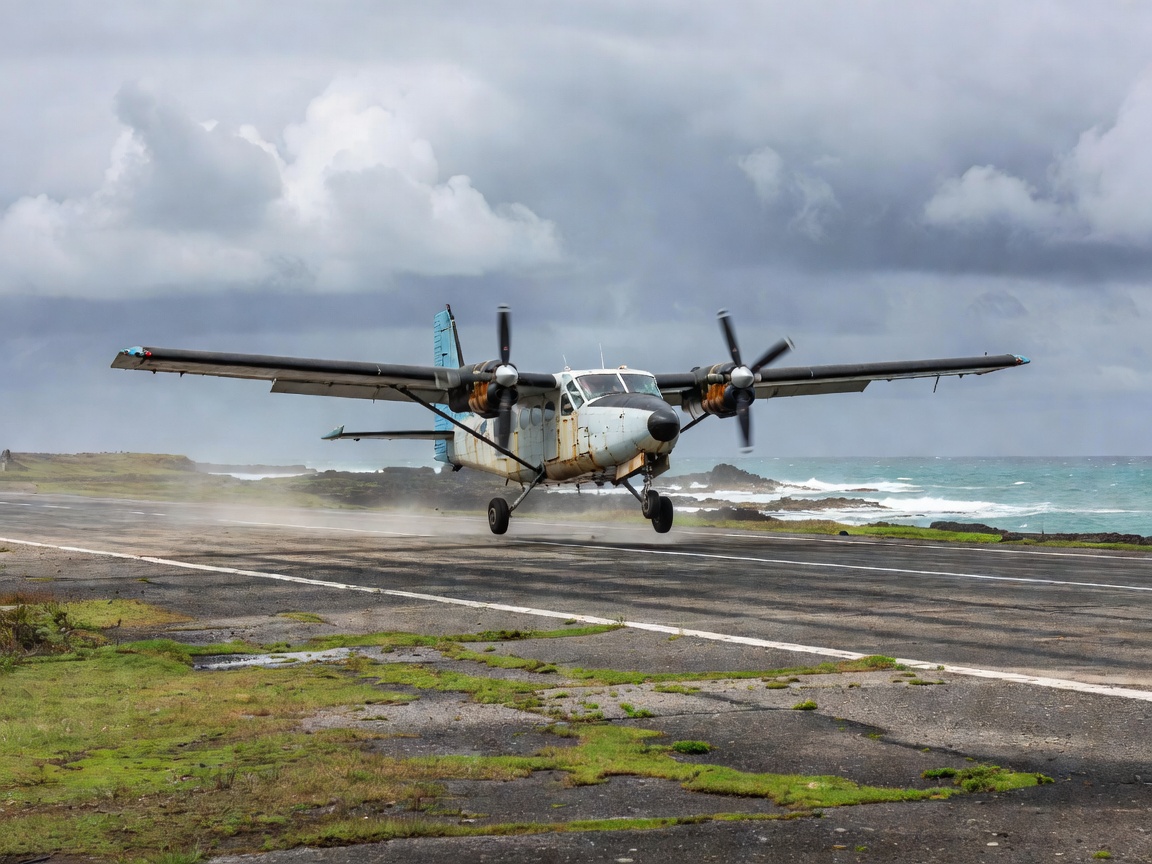 Islander airplane landing near coastal airfield