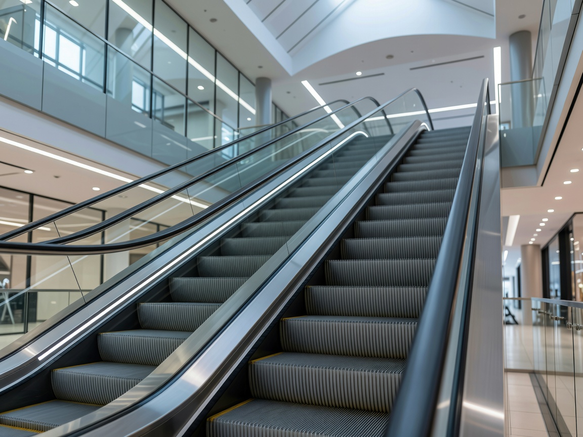 Moving mechanical escalator steps in a modern building