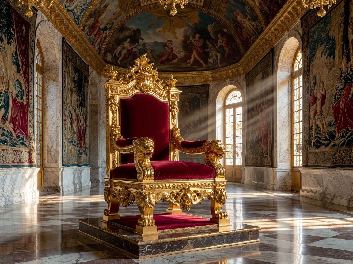 Ornate gold and velvet throne in royal palace chamber