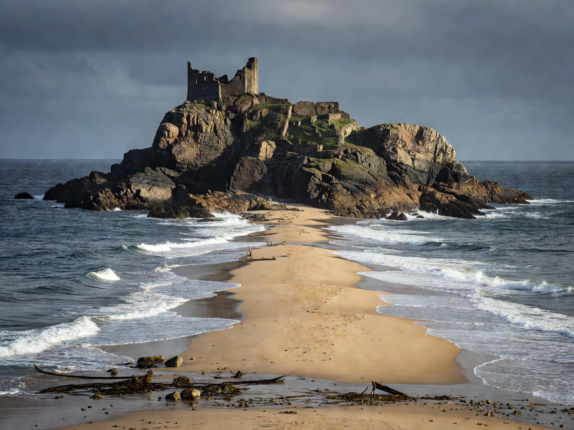 Rocky fortress island attached by narrow sandbar to shoreline
