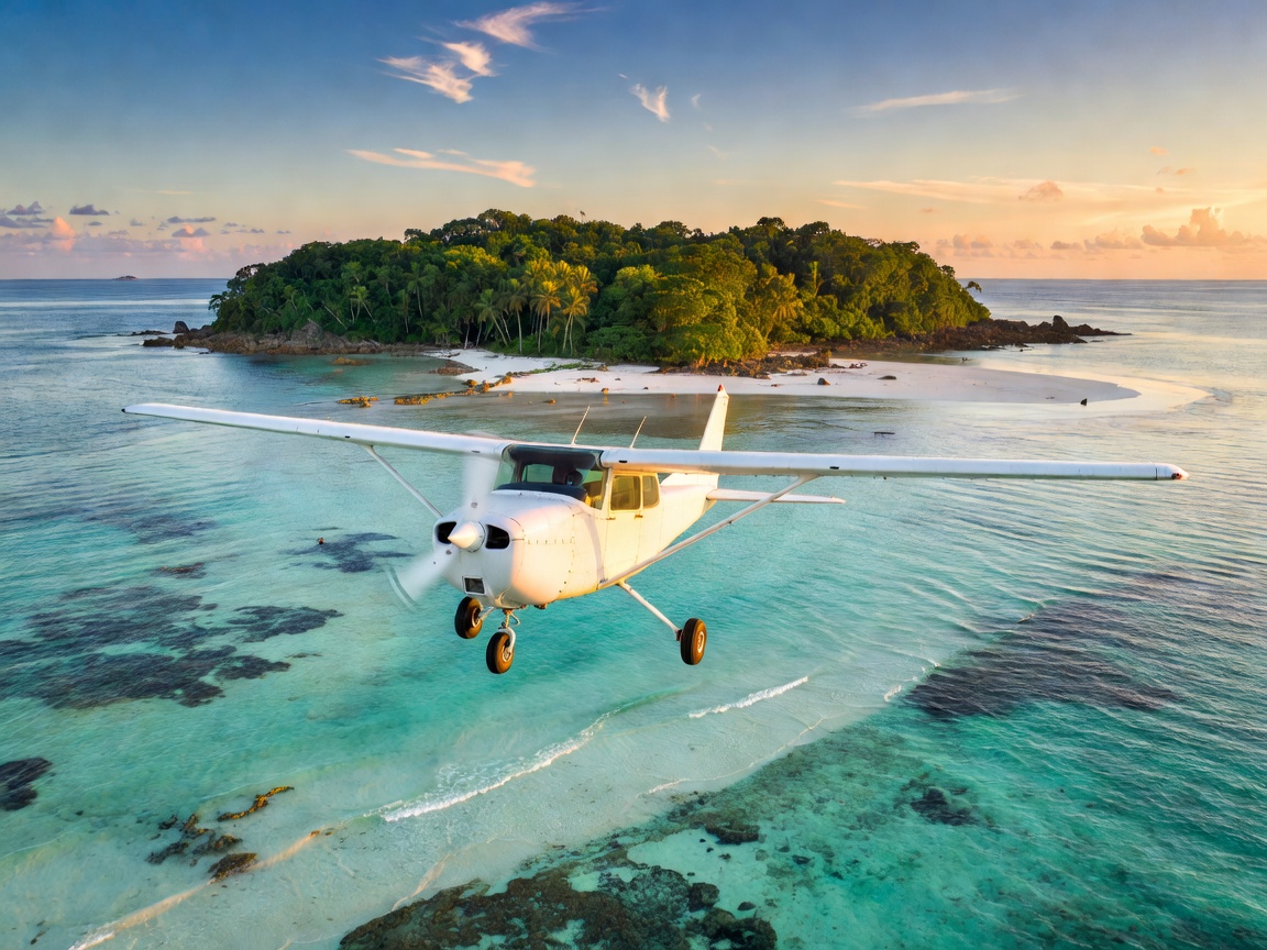 Small passenger plane flying over island waters