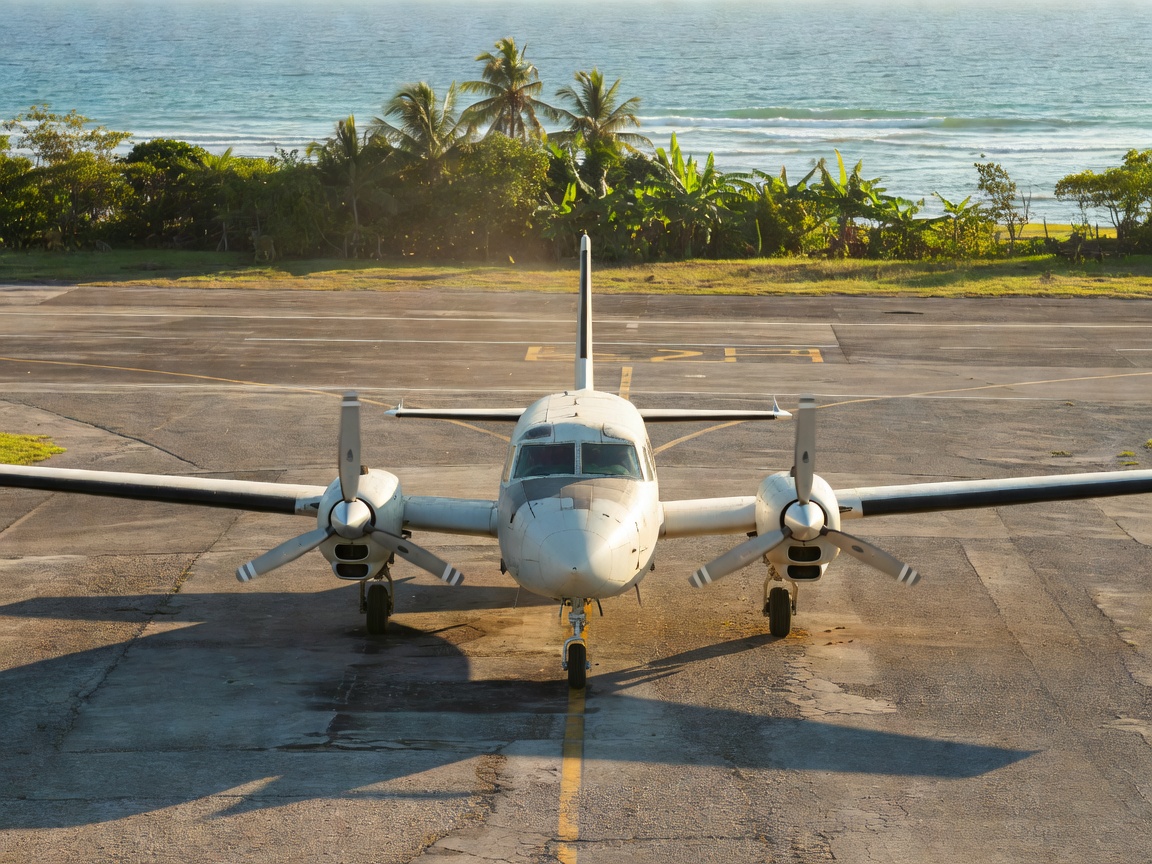 Twin-engine aircraft propeller on island tarmac